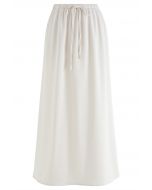 Elastic Drawstring Waist Satin Maxi Skirt in Ivory