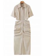 Cutout Waist Side Ruched Shirt Dress in Oatmeal