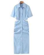 Cutout Waist Side Ruched Shirt Dress in Blue