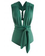 Lace-Up Deep V-Neck One-Piece Swimsuit in Green