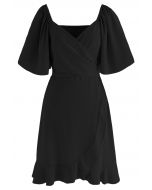 Cross Ribbon Flutter Sleeves Ruffle Dress in Black