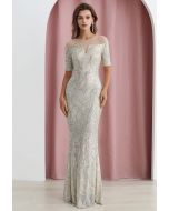 Mesh Panelled Shoulder Sequin Mermaid Gown in Silver
