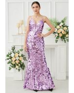 Deep V-Neck Sequin Mermaid Cami Gown in Lilac