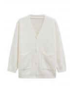 Patch Pocket Button Down Fluffy Knit Cardigan in White
