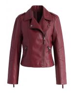 Chic and Stylish Faux Leather Biker Jacket in Wine