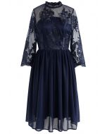 Cheery Moment Embroidered Mesh Chiffon Dress in Navy
