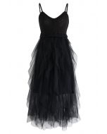 Knit Ruffled Mesh Cami Dress in Black