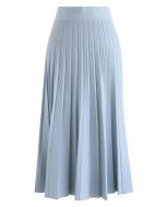 A-Line Pleated Knit Midi Skirt in Blue