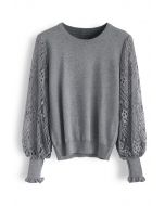 Delicacy Lacy Sleeves Knit Sweater in Grey