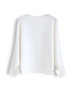 Boat Neck Batwing Sleeves Knit Top in White