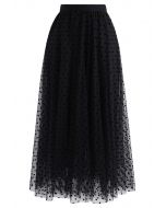 Full Polka Dots Double-Layered Mesh Tulle Skirt in Black